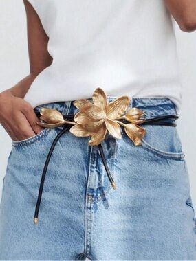 New Gold Floral Buckle Black Tie Waist Belt